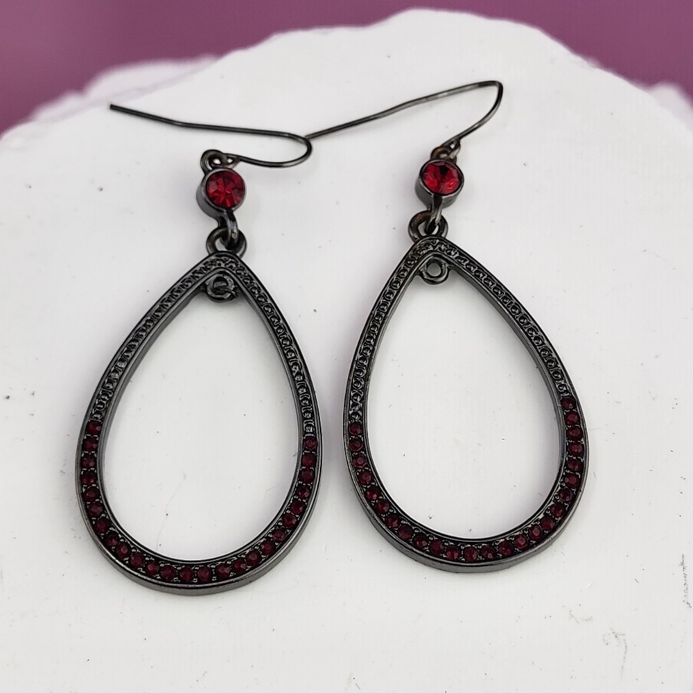 Red Rhinestone Gunmetal Teardrop Dangle Earrings Gothic Open Frame Statement